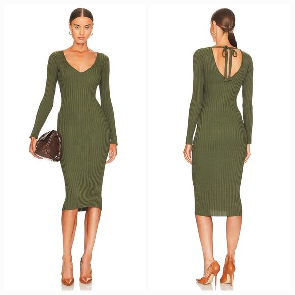 NBD Bekah Deep V Midi Dress in Olive Green Medium